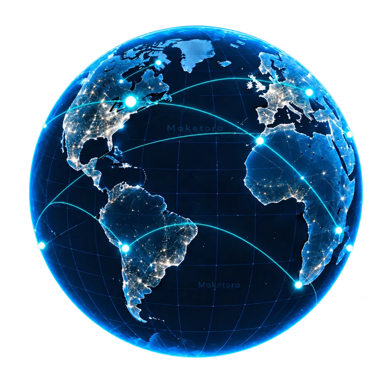 Blue globe with illuminated connections between regions