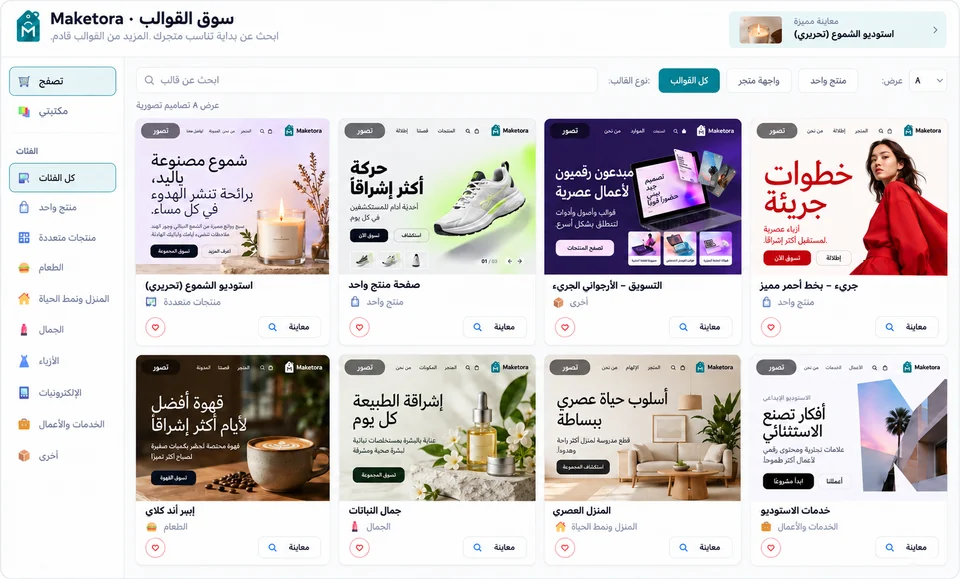 معاينة توضيحية لسوق قوالب Maketora تضم ثمانية تصاميم للشموع والقهوة والأزياء والجمال والمنتجات الرقمية والأثاث والإلكترونيات والخدمات.